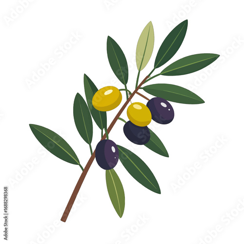 Olive Branch with Green Leaves and Black and Yellow Olives on White Background Pixel Art Style Isolated Graphic Element Detailed Illustration
