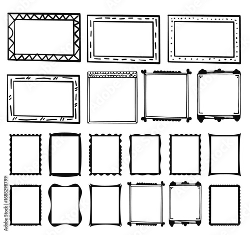 Line doodle frames. Simple sketch borders for text, hand drawn vintage vignettes and corners, cute rustic pencil scribble design elements. Vector set