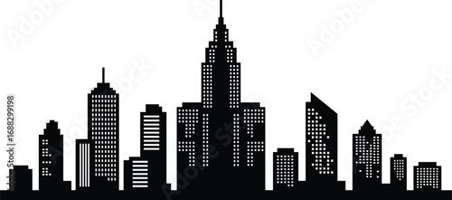 Black modern city skyline silhouette vector, high-rise urban architecture, downtown landscape illustration, editable cityscape design for posters, web, and graphic content