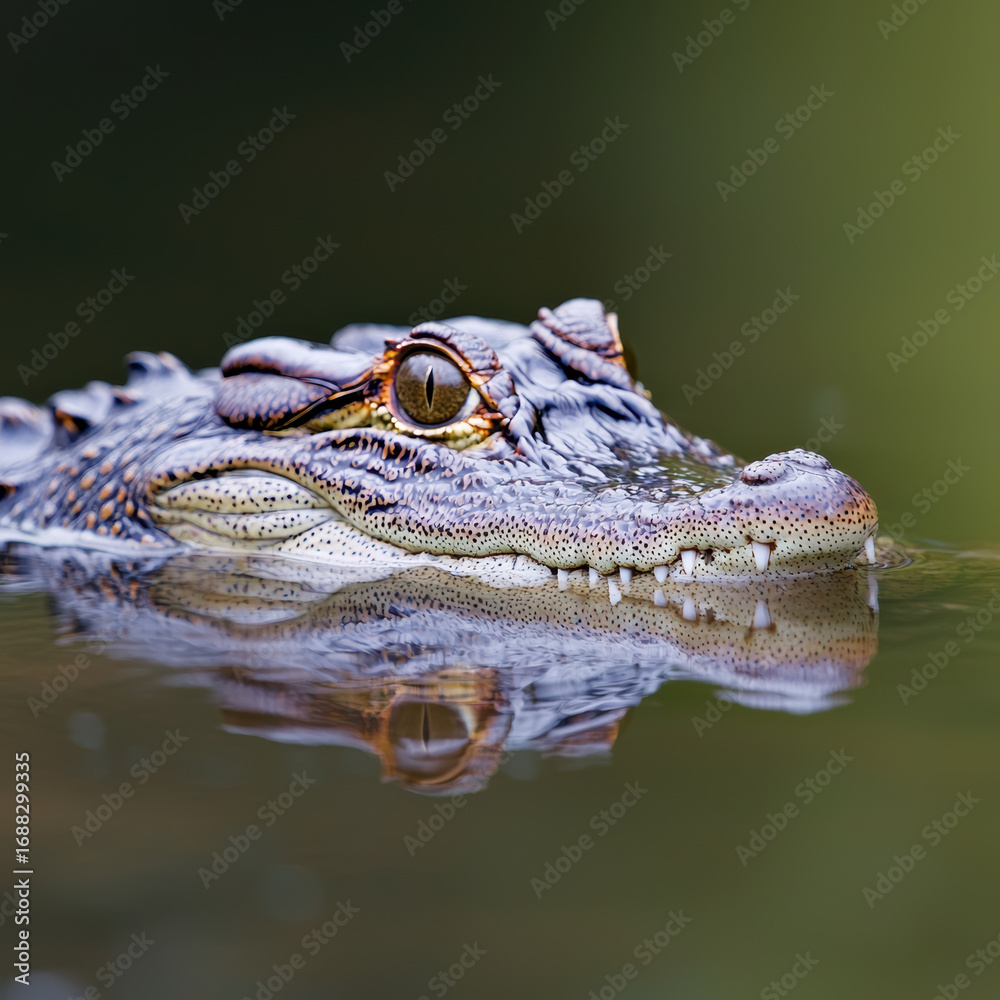 Fototapeta premium Fierce alligator lurking in water, showcasing its sharp teeth and intense gaze