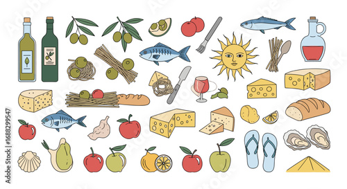 Vibrant Mediterranean food and drink icons evoke sunny holidays and fresh ingredients for healthy eating