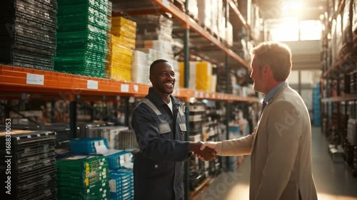 🤝 Warehouse Deal: A moment of professional camaraderie unfolds as two individuals seal a deal within a bustling warehouse setting. The image captures the essence of business in action. 