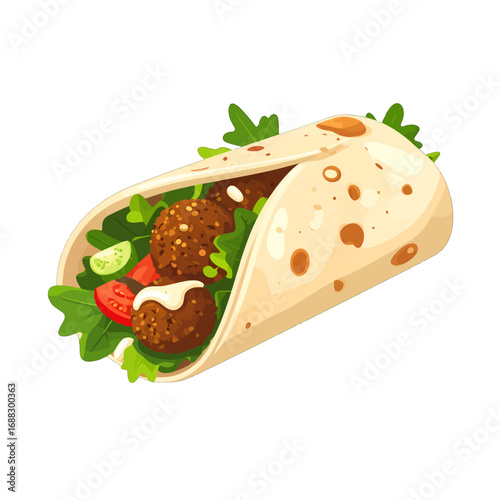 Pixelated Falafel Wrap with Greens and Tomato in Beige Tortilla Illustration for Digital Art or Casual Gaming Interface