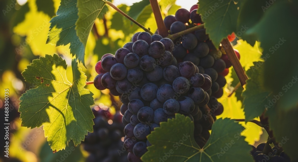 Fototapeta premium Ripe purple grapes hanging on a vine in sunlight
