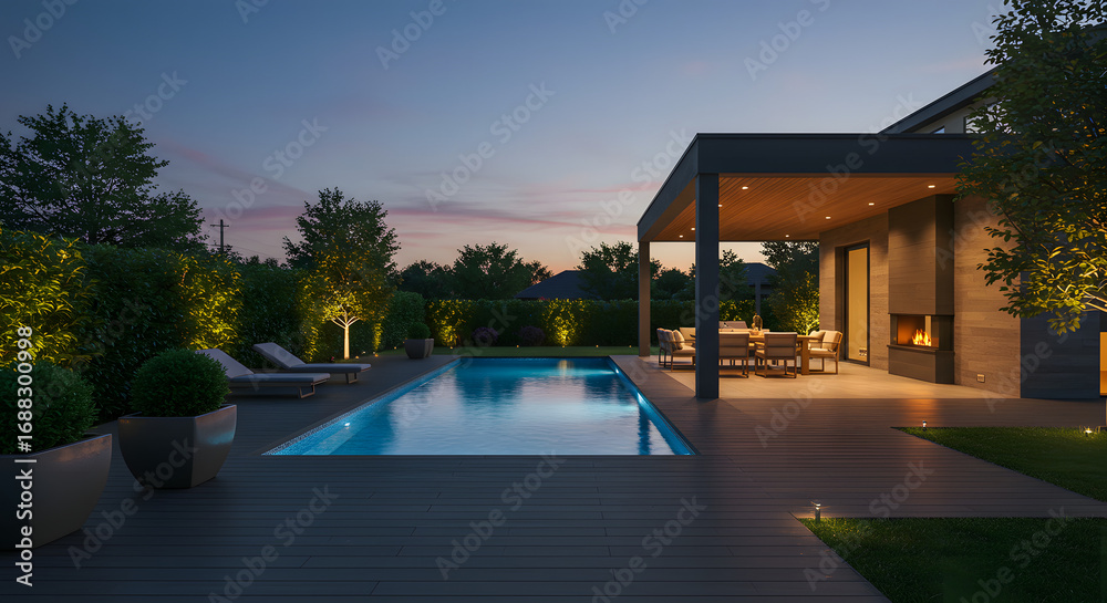 Obraz premium Modern Luxury Home Evening Pool Deck Relaxation Alfresco Dining