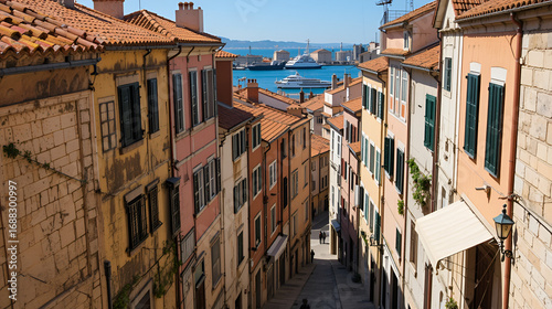 old, colorful houses and narrow streets in the center of the old town of Pula. In the background, port oddities