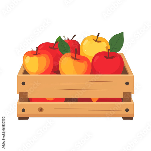 Pixel Art Style Apple Orchard Harvest with Yellow and Red Apples in Wooden Crate on Isolated White Background Retro Digital Illustration
