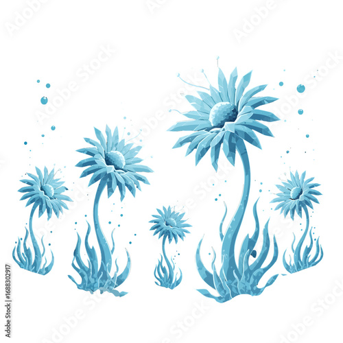 Blue pixelated flowers with long stems with an all white background vector illustration