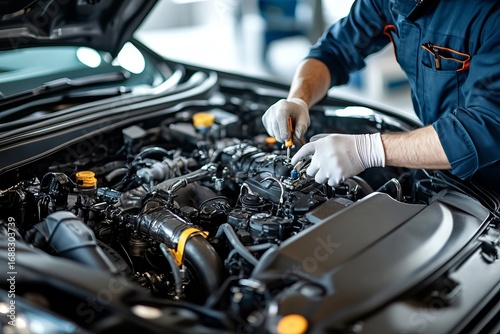 Mechanic repairing modern car engine with tools in workshop symbolizing automotive service maintenance technology and professional vehicle care