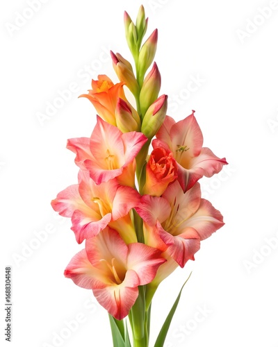 Stunning gladiolus flower bloom with vibrant pink and orange petals isolated on white