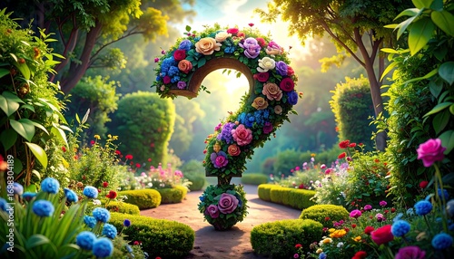 Question mark sculpted from flowers in a vibrant garden