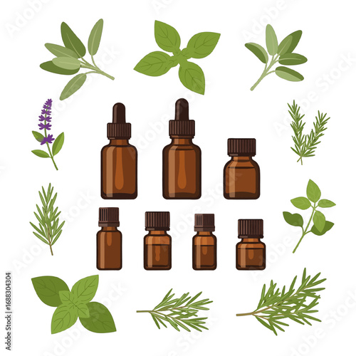 Pixel Art Herbal Medicine Set with Brown Bottles and Green Herbs on White Background for Wellness Illustration