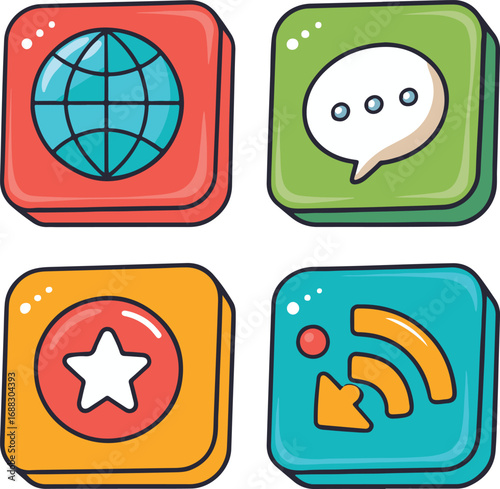 Colorful App Icons Set Featuring Globe, Message, Star, and Wi-Fi