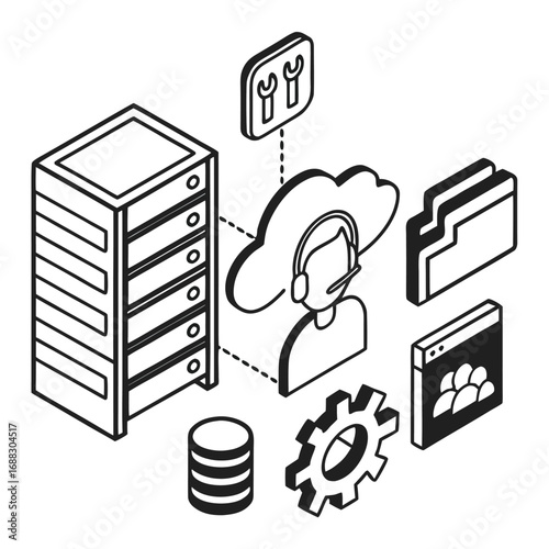 Isometric line art illustration of cloud computing, data management, and IT support services with server and network icons.