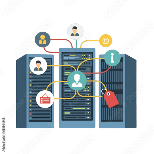 Server Network Architecture Data Flow Between Server Racks with User Icons and Price Tags on White Background Concept for Data Management and Communication