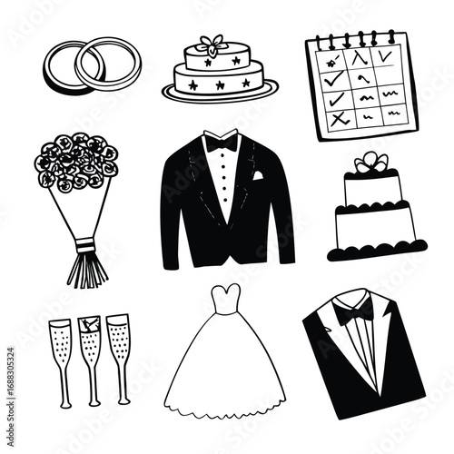 A collection of hand-drawn wedding-themed doodle icons, including rings, cakes, a dress, and tuxedos.