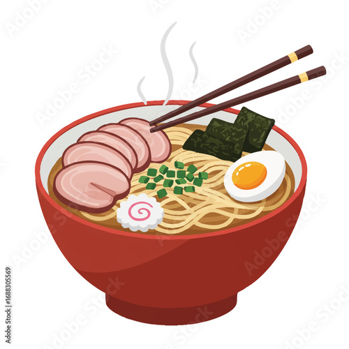 Steaming ramen noodles in a 2D flat vector illustration: a delicious bowl adorned with sliced pork, a soft-boiled egg, and green onions, chopsticks resting, isolated on a white background.