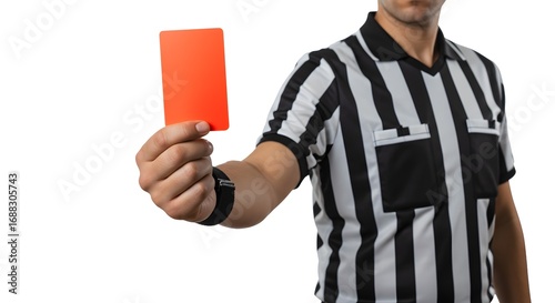 Referee Holding Up Red Card for Foul or Disqualification, Symbolizing Penalty, Warning, and Rule Enforcement in Sports on a White Background