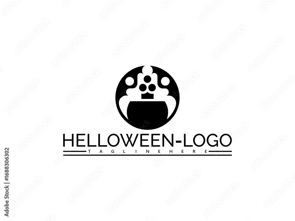 Obraz premium Happy halloween logo. Black Halloween cauldron logo with bubbling potion and spider web elements on white background vector