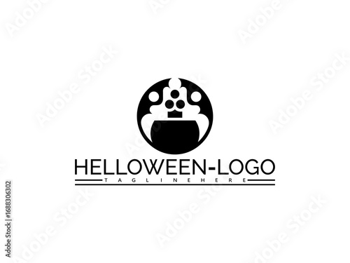 Happy halloween logo. Black Halloween cauldron logo with bubbling potion and spider web elements on white background vector