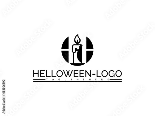 Happy halloween logo. Halloween candle logo with text HELOWEN- LOGO and TAGLINEHERE on white background