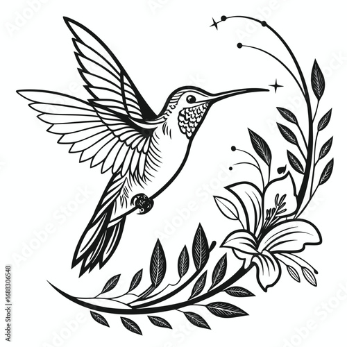 An elegant black and white line drawing of a hummingbird hovering beside a beautiful lily flower with decorative vines.