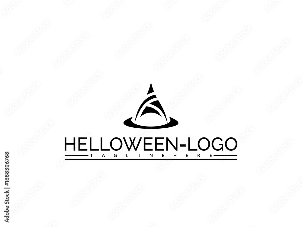 Fototapeta premium Black witch hat logo with abstract design and text HELOWENLOGOTAGLINEHERE Keywords: witch, hat, magic, spell, wizard, costume, halloween, spooky, dark, fantasy, mystery