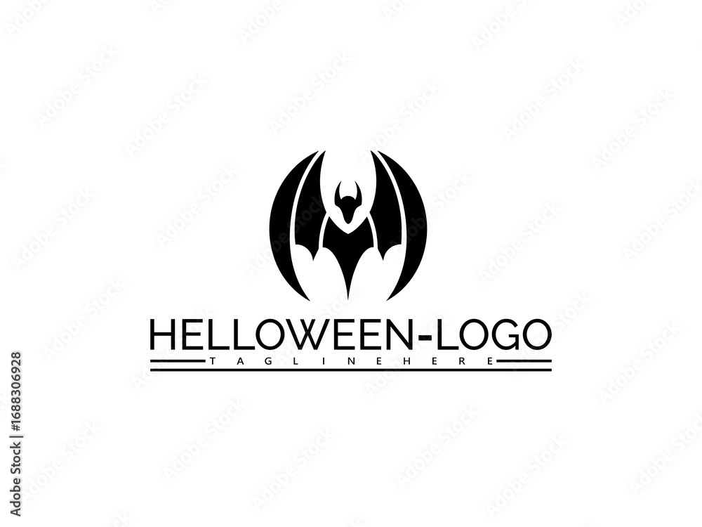 Fototapeta premium Happy halloween logo. Black Halloween Logo with Bat Wings and Crest and Text Helloween Logo Tagline Here vector illustration