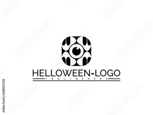 Happy halloween logo. Halloween logo with an eye inside a square frame and text below vector illustration