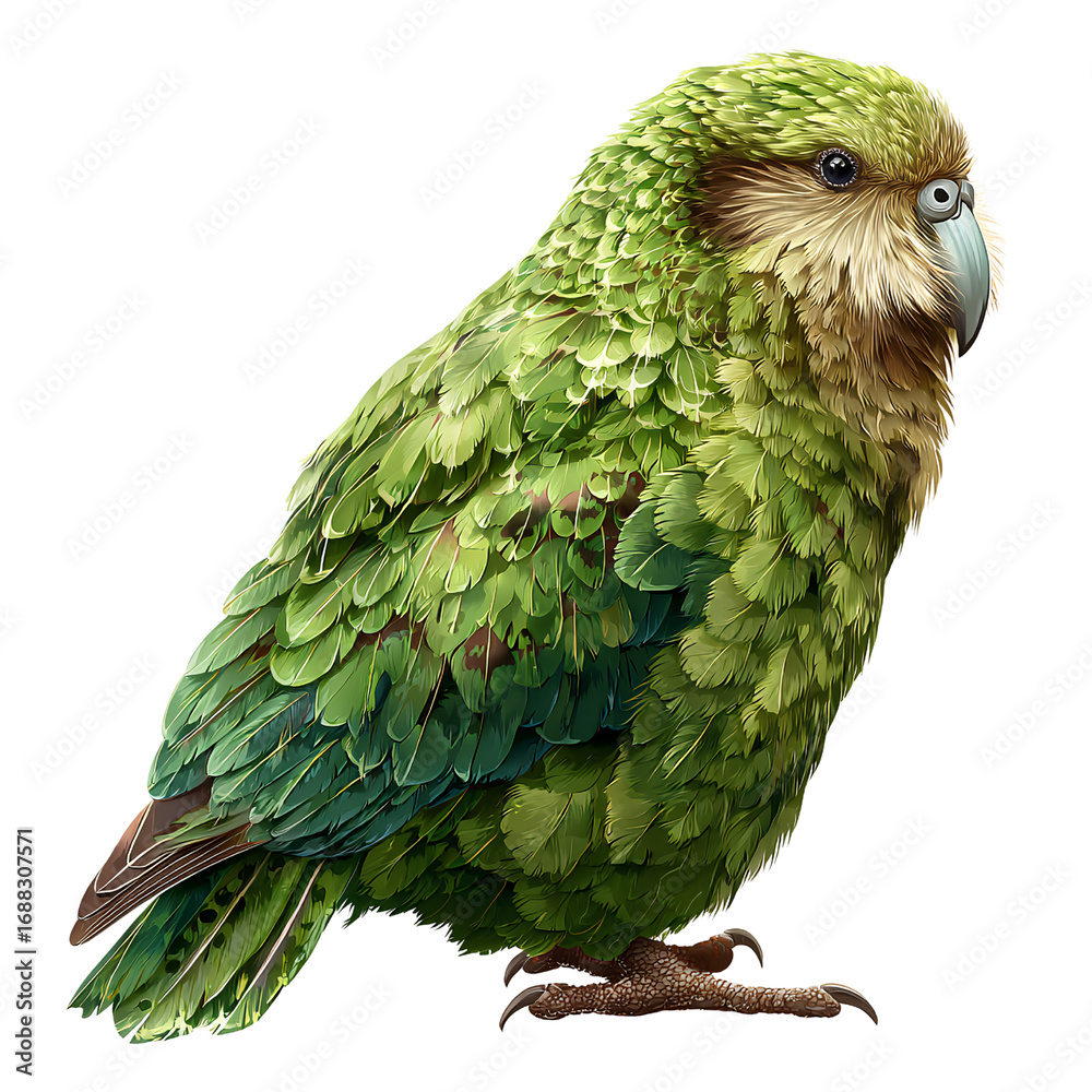 Fototapeta premium Kakapo parrot, large flightless bird, green feathers, isolated PNG