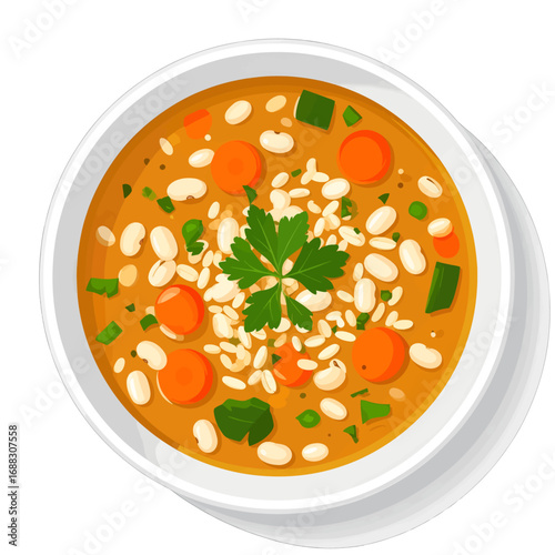 Overhead View of Hearty Vegetable Soup with White Beans Carrots and Parsley in White Bowl