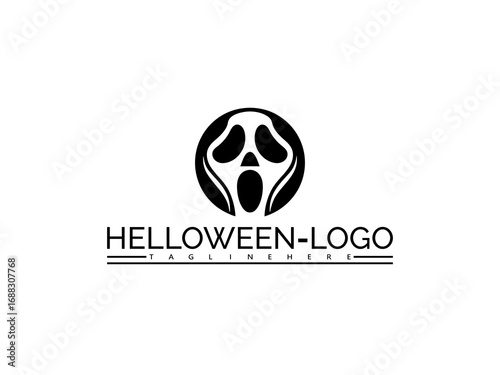 Happy halloween logo. Black Scream Mask Logo with Text HELOWEN- LOGO and TAGLINEHERE on White Background