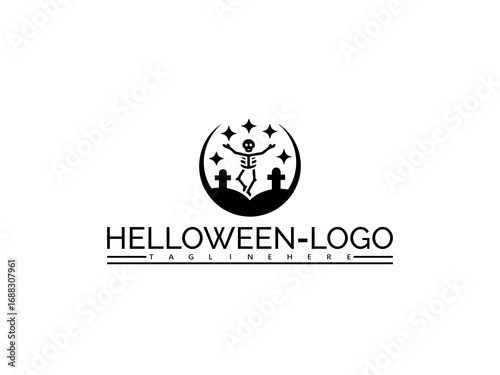 Happy halloween logo. Halloween skeleton dancing at graveyard logo with text HELOWEN- LOGO and TAGLINEHERE