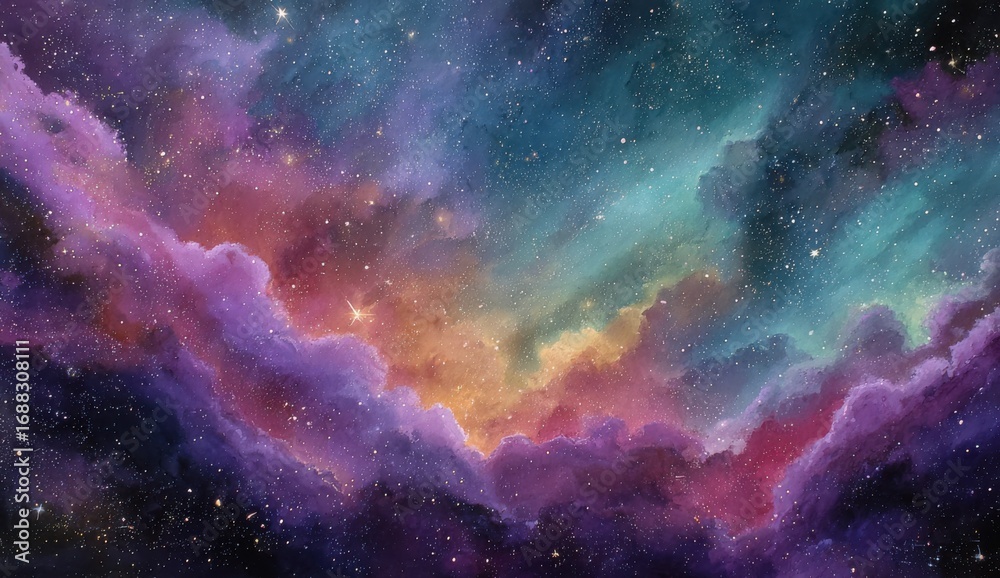 Fototapeta premium Vibrant cosmic nebula, swirling clouds of color against a star-studded night sky