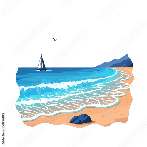 Pixel Art Seascape with Waves Sandy Beach and Distant Sailboat Graphic Illustration of Ocean Scenery Under Clear Sky for Background