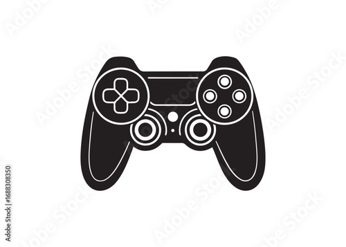 Silhouette of gaming joystick, black vector illustration of game controller icon isolated on white background.