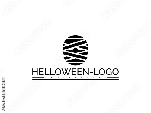 Happy halloween logo. Halloween mummy logo with text HELOWEN- LOGO and TAGLINEHERE on white background icon