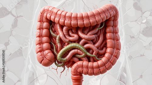 3D medical illustration of human intestine cross-section with parasitic worms inside. Realistic anatomical model for healthcare, parasitology, medical education use, isolated transparent png