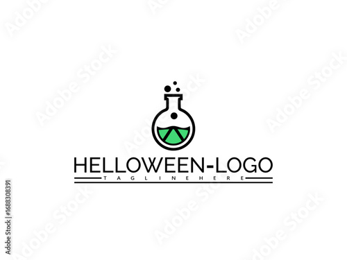 Happy halloween logo. Halloween laboratory flask logo with green liquid and swirling vapor on white background beaker