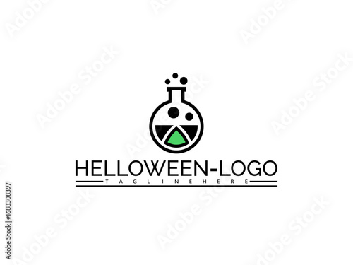 Happy halloween logo. Halloween science lab flask logo with text HELOWEN- LOGO and TAGLINEHERE on white background