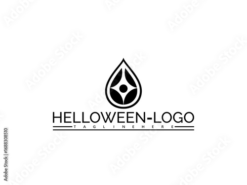 Happy halloween logo. Black abstract geometric shape resembling a stylized eye within a teardrop with text HELOWEN- LOGO