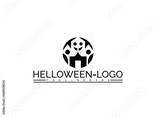Happy halloween logo. Black haunted house with smiling figures at the top and text HELOWEN- LOGO below halloween logo