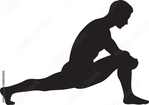 Black silhouette of a strong man stretching, with one knee bent and the other leg extended back, isolated on a white background, perfect for fitness