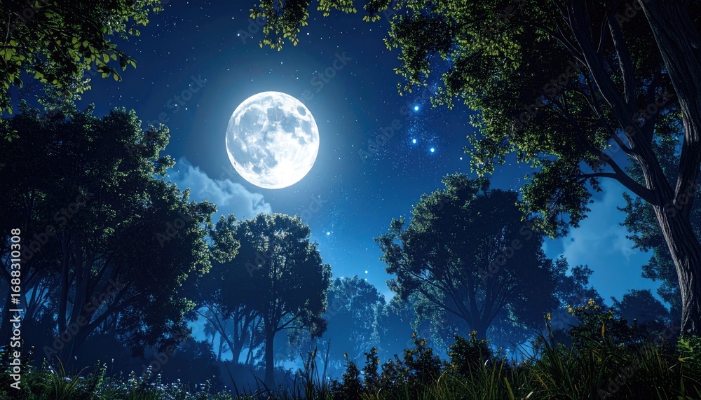 Naklejka premium Moonlight forest at night. Lush trees frame a full moon, studded with stars