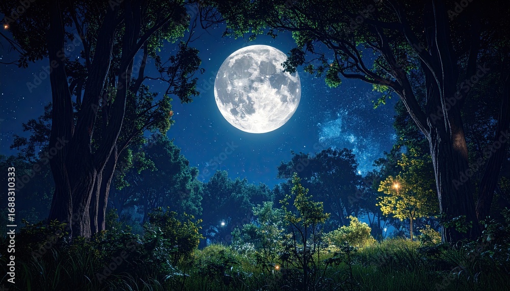 Naklejka premium Full moon in a mystical forest at night