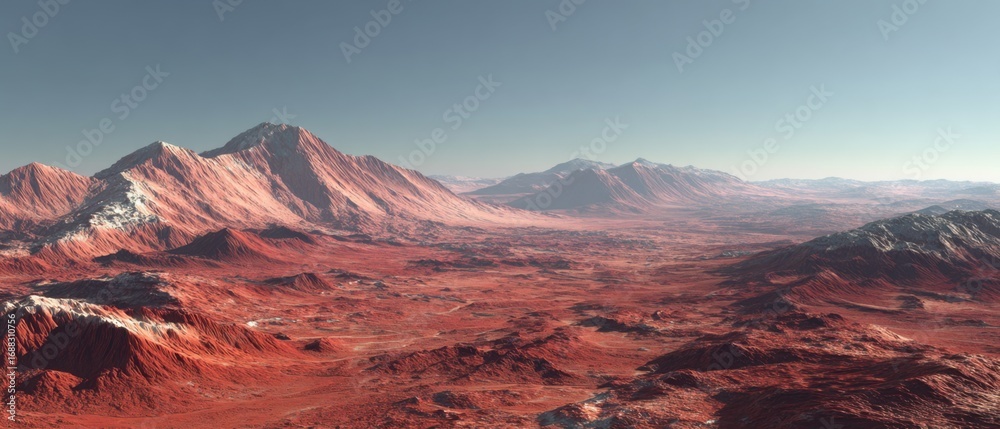 Naklejka premium Vast, red desert landscape with snow-capped mountains