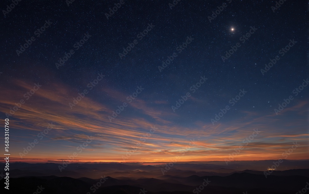 Fototapeta premium Night sky transitioning to dawn over misty mountains (1)