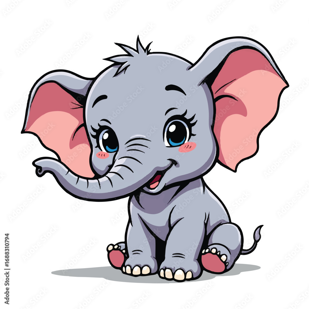 Naklejka premium Cute Baby Elephant Sitting Cartoon, Cute Animal Vector Illustration