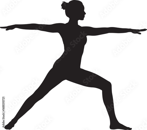 A black silhouette of a woman practicing yoga, standing in a strong warrior pose with her arms and legs outstretched, focused on balance
