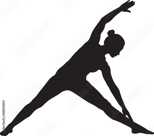 Silhouette of a woman in a triangle yoga pose, depicting a graceful stretch, physical balance, and core strength